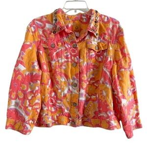 Ruby Rd. Pink and Orange Floral linen top lightweight jacket button front